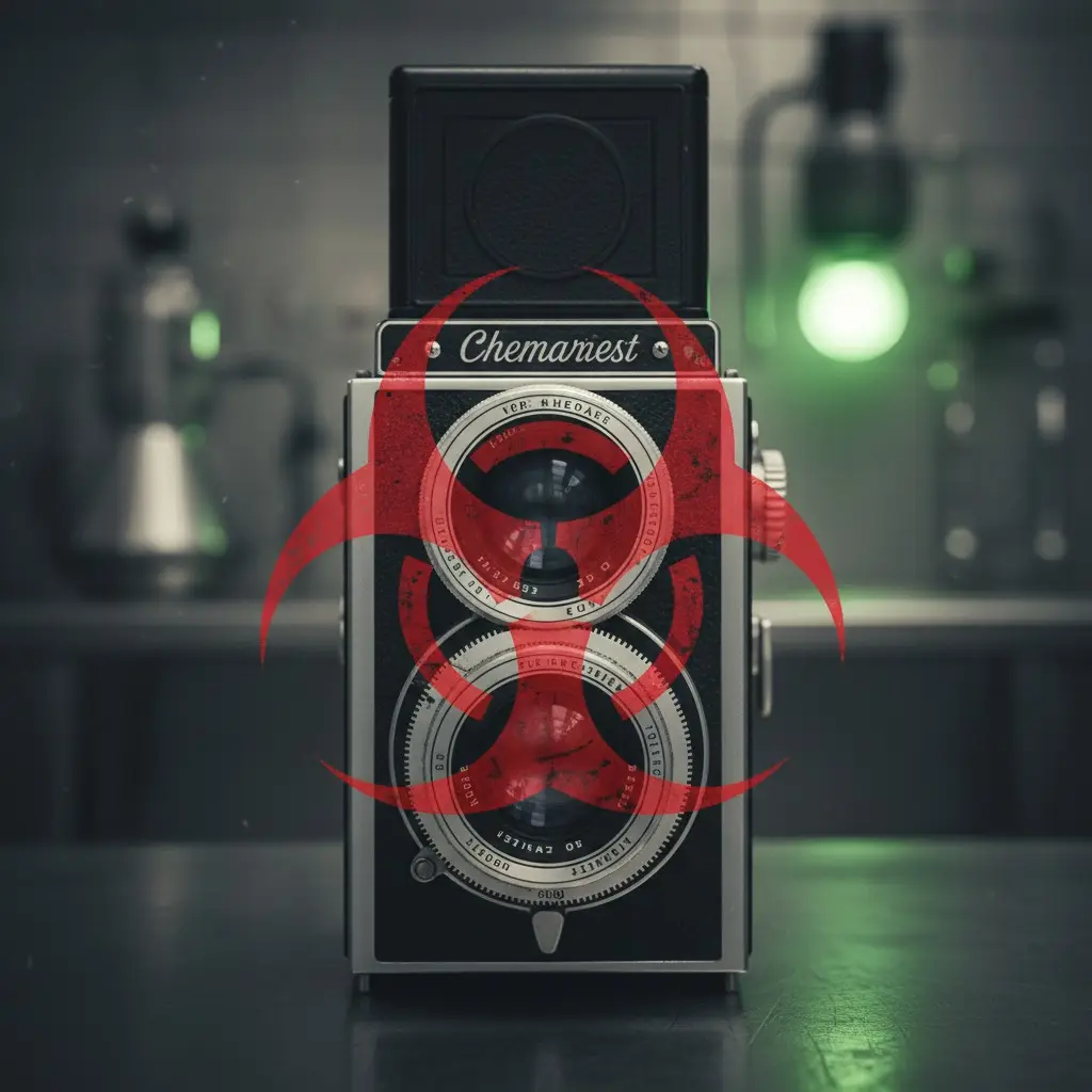 A vintage twin-lens reflex camera is superimposed with a red biohazard symbol in a dimly lit industrial setting.