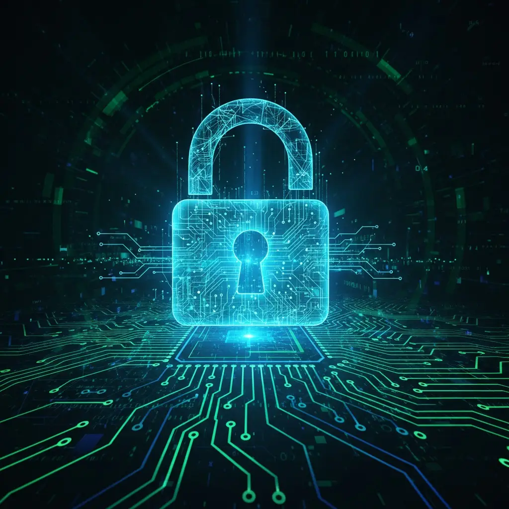 A glowing blue digital padlock stands centered against a dark background with green circuit board patterns and glowing lines.